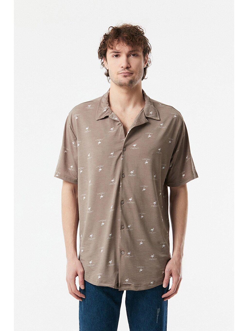 Bej Flamingo Baskılı Salaş Gömlek-2