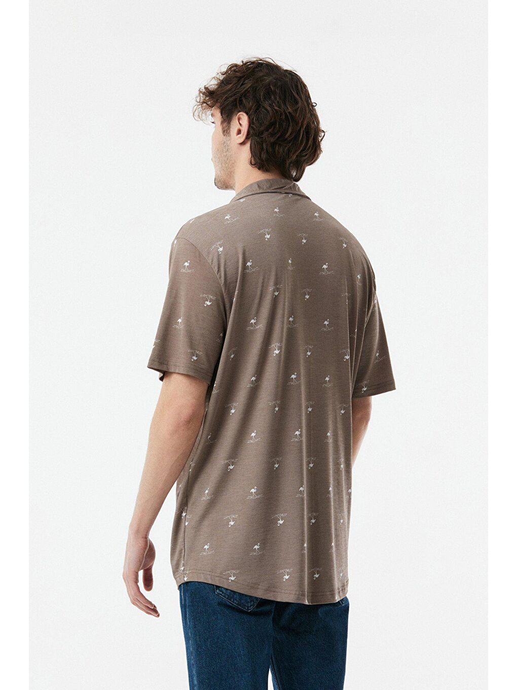 Bej Flamingo Baskılı Salaş Gömlek-3