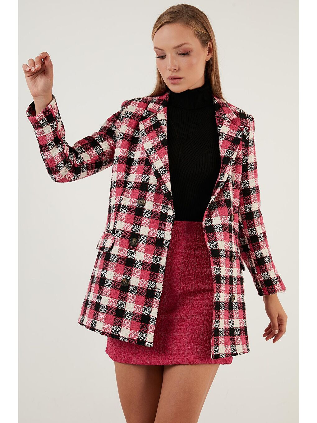 Fuşya Regular Fit Çift Düğmeli Uzun Tüvit Ceket 611CE00009-2