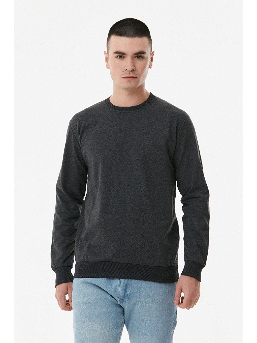 Antrasit Basic Bisiklet Yaka Sweatshirt