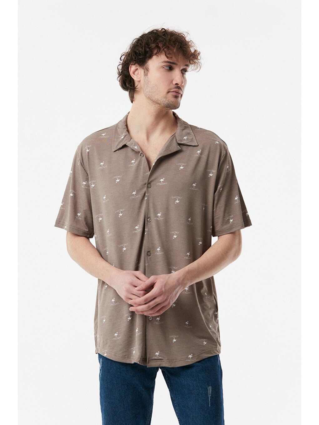 Bej Flamingo Baskılı Salaş Gömlek-4