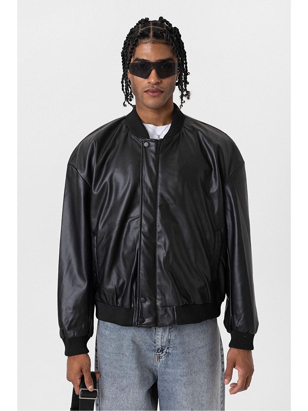 Oversıze Deri Bomber Ceket Siyah-2