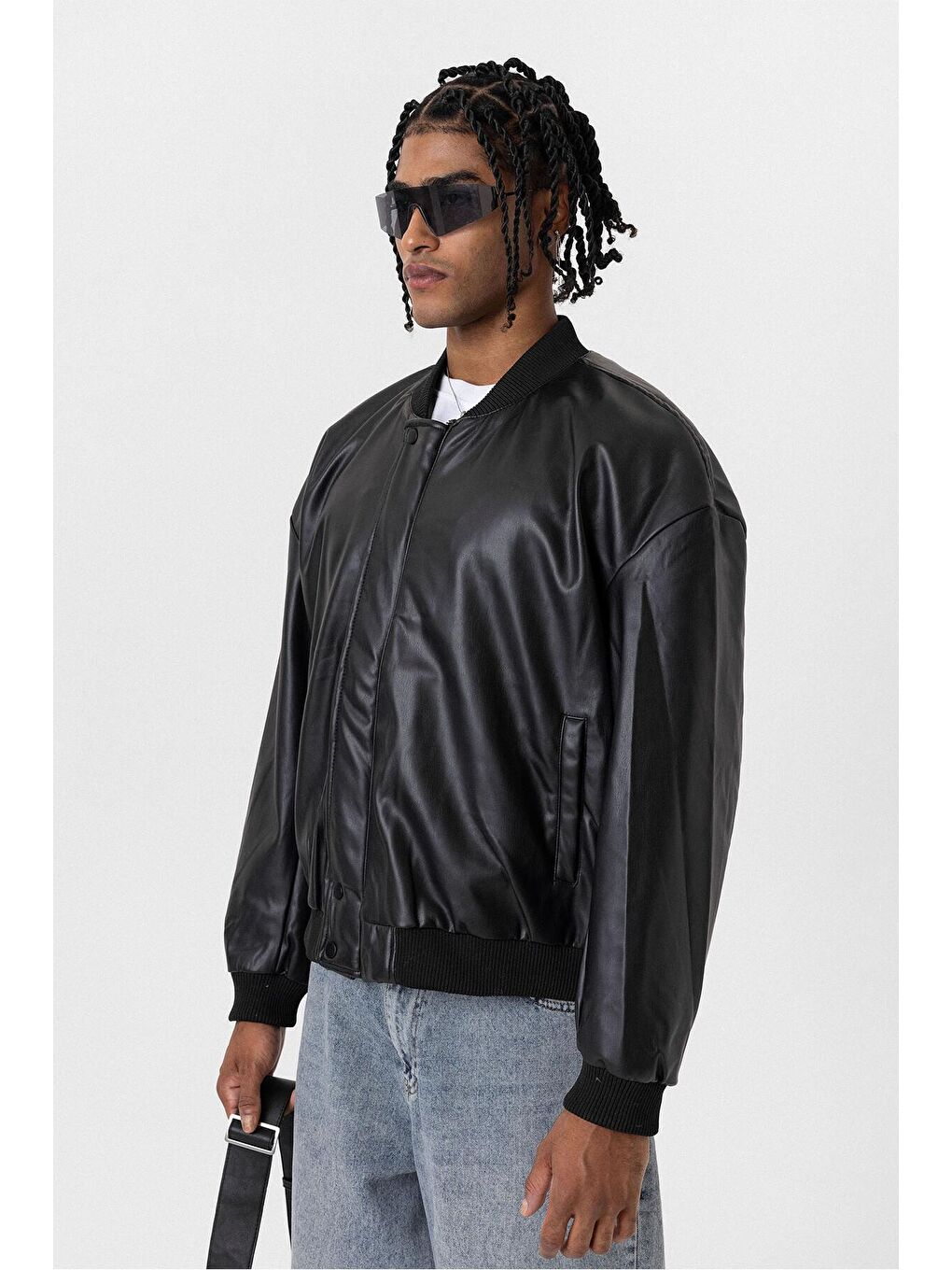 Oversıze Deri Bomber Ceket Siyah-3