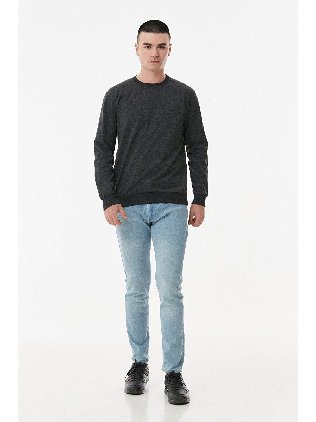Antrasit Basic Bisiklet Yaka Sweatshirt-1