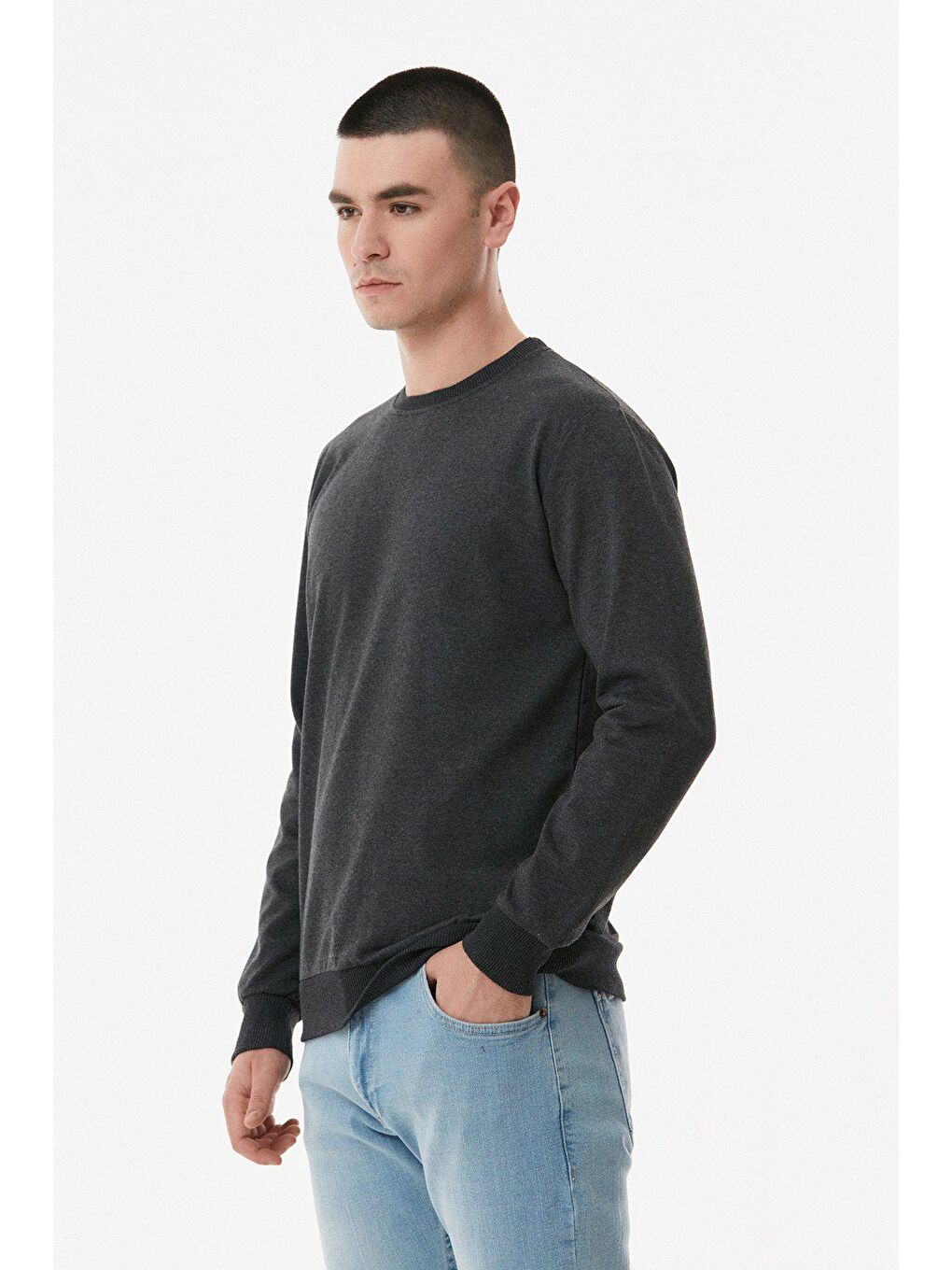 Antrasit Basic Bisiklet Yaka Sweatshirt-2