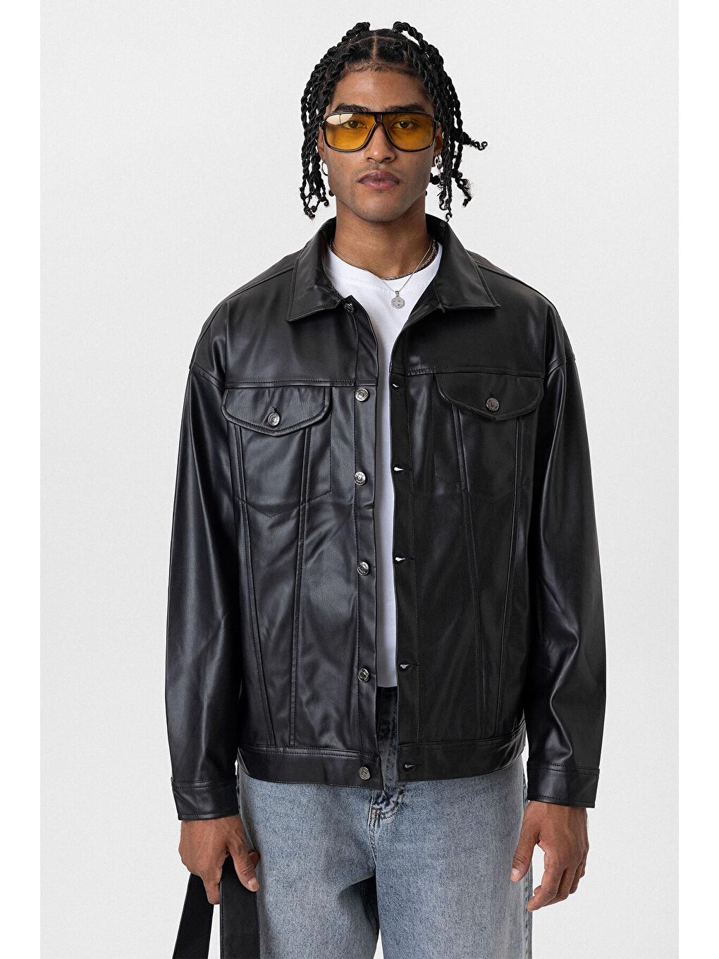 Çift Cep Detaylı Oversıze Deri Ceket Siyah-2