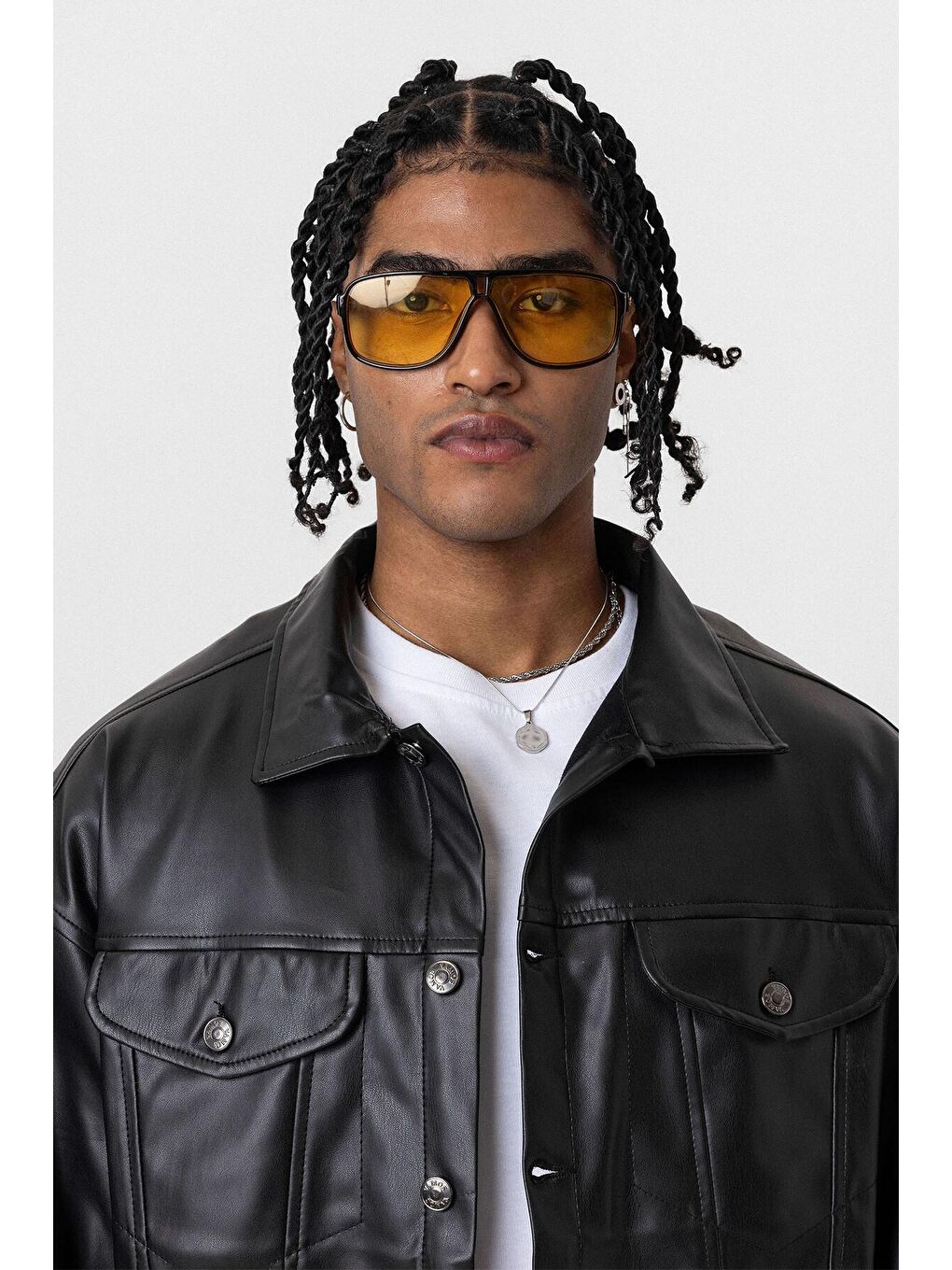 Çift Cep Detaylı Oversıze Deri Ceket Siyah-4