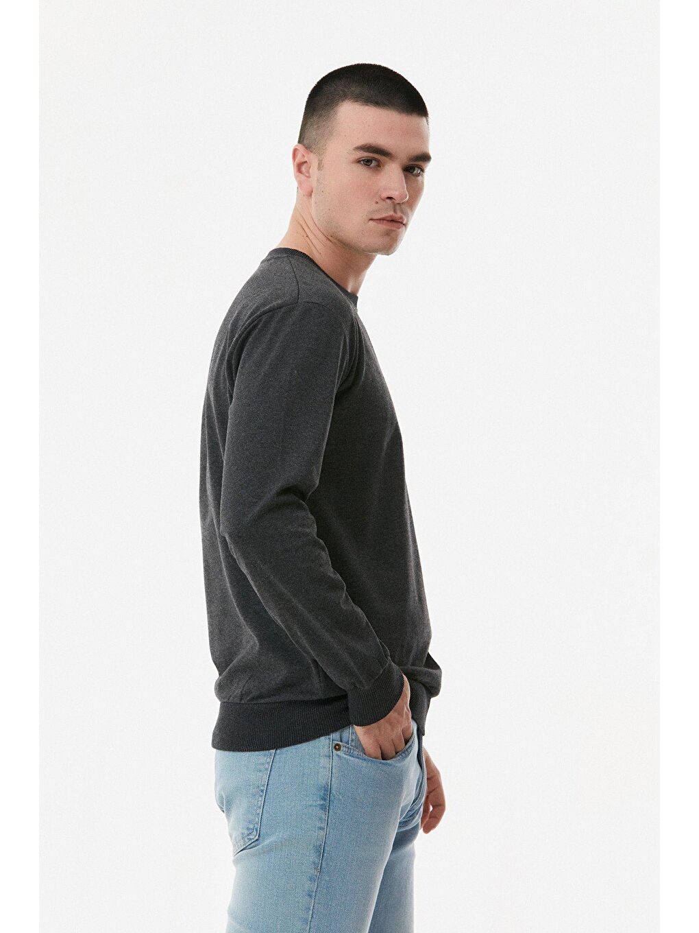 Antrasit Basic Bisiklet Yaka Sweatshirt-3