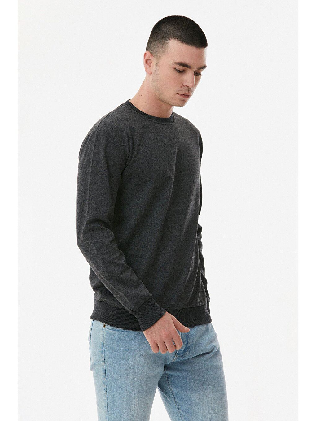 Antrasit Basic Bisiklet Yaka Sweatshirt-4