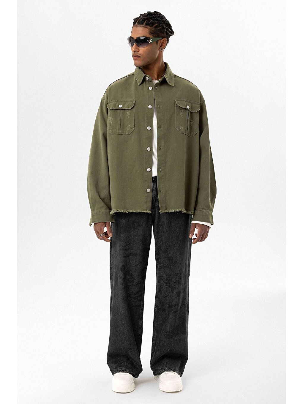 Çift Cep Ve Yırtık Detaylı Oversıze Denım Ceket Haki