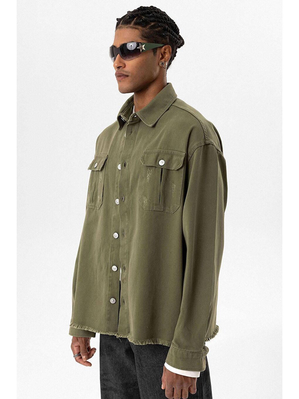 Çift Cep Ve Yırtık Detaylı Oversıze Denım Ceket Haki-3