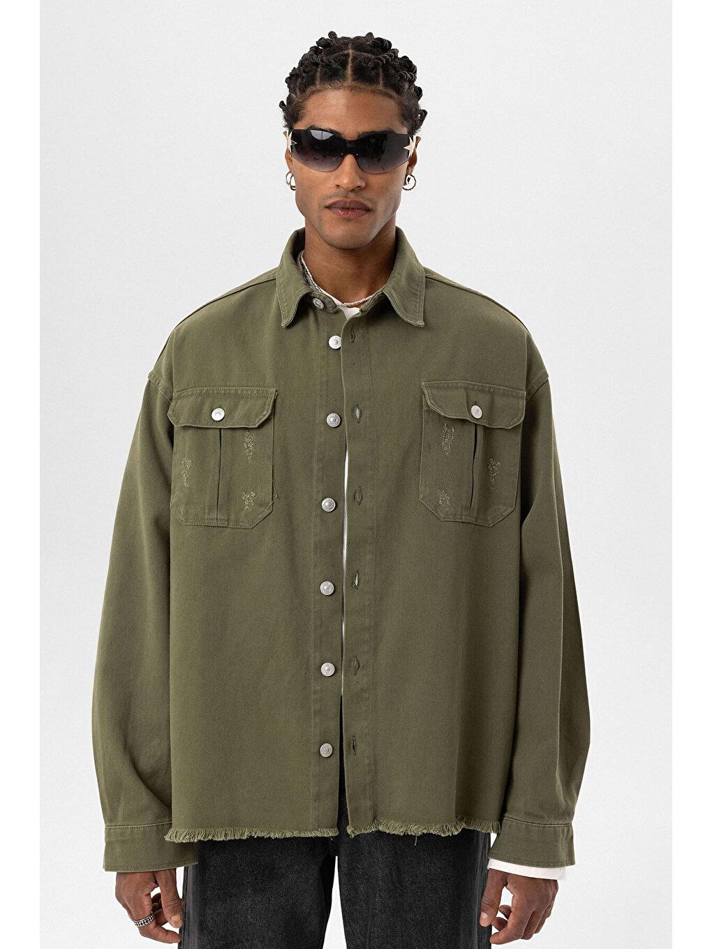 Çift Cep Ve Yırtık Detaylı Oversıze Denım Ceket Haki-7