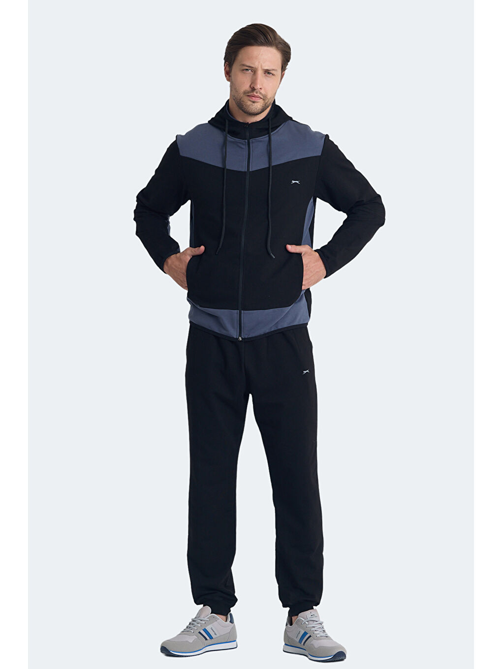 KIMO Erkek Fermuarlı Kapüşonlu Cepli Siyah / Koyu Gri Eşofman Takımı-2