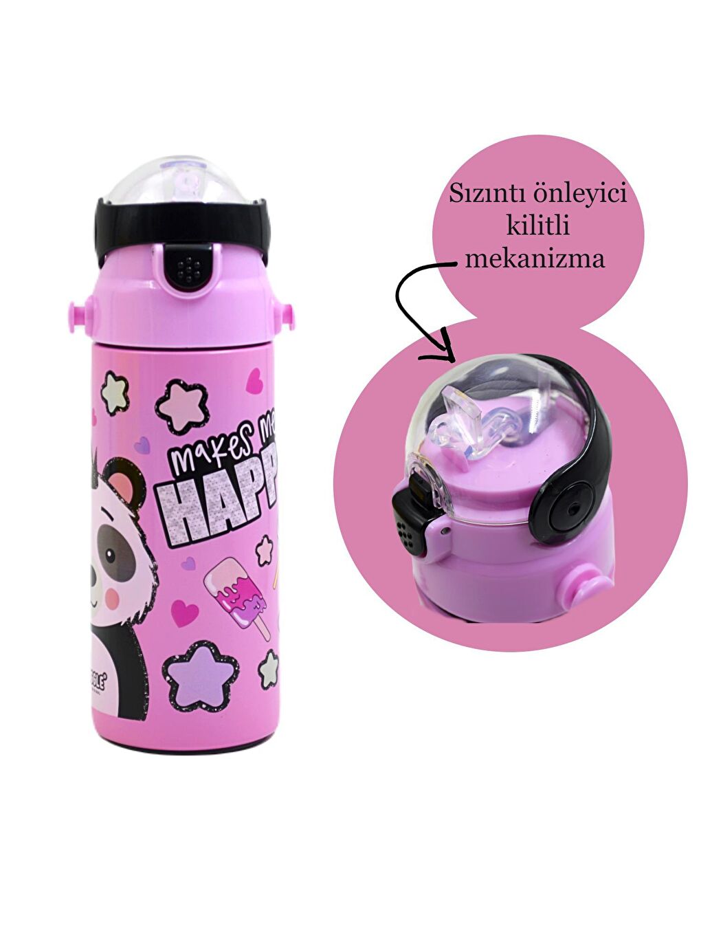 Muggle Pembe Pipetli Çelik Matara MT-2635 Panda Desenli 500 Ml