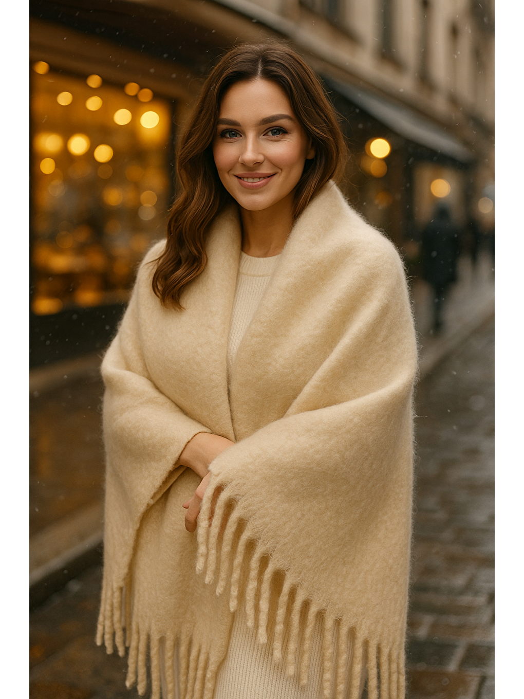 Kadın Bej Püsküllü İthal Atkı-Şal SAL1295-4