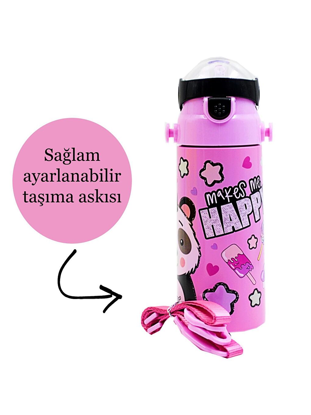 Muggle Pembe Pipetli Çelik Matara MT-2635 Panda Desenli 500 Ml - 1