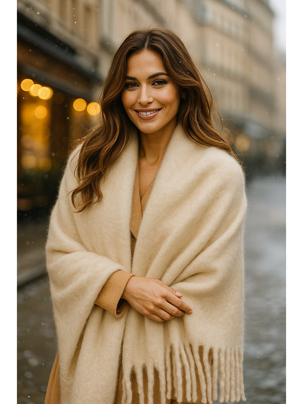 Kadın Bej Püsküllü İthal Atkı-Şal SAL1295-3