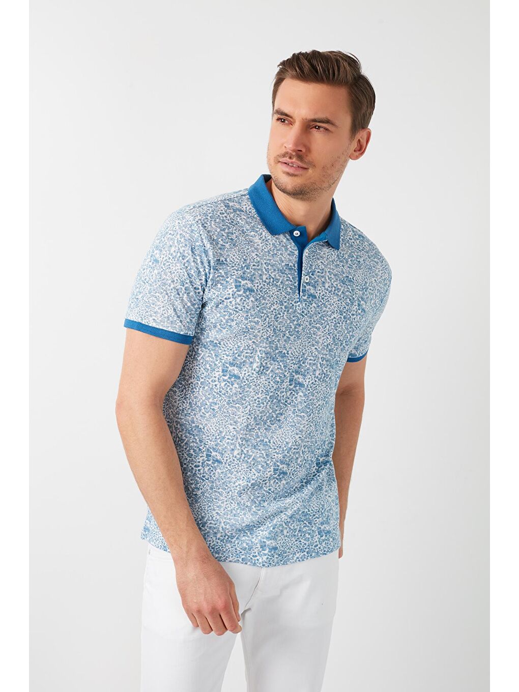 Mavi % 100 Pamuklu Desenli Polo Yaka Tişört 5968004-1