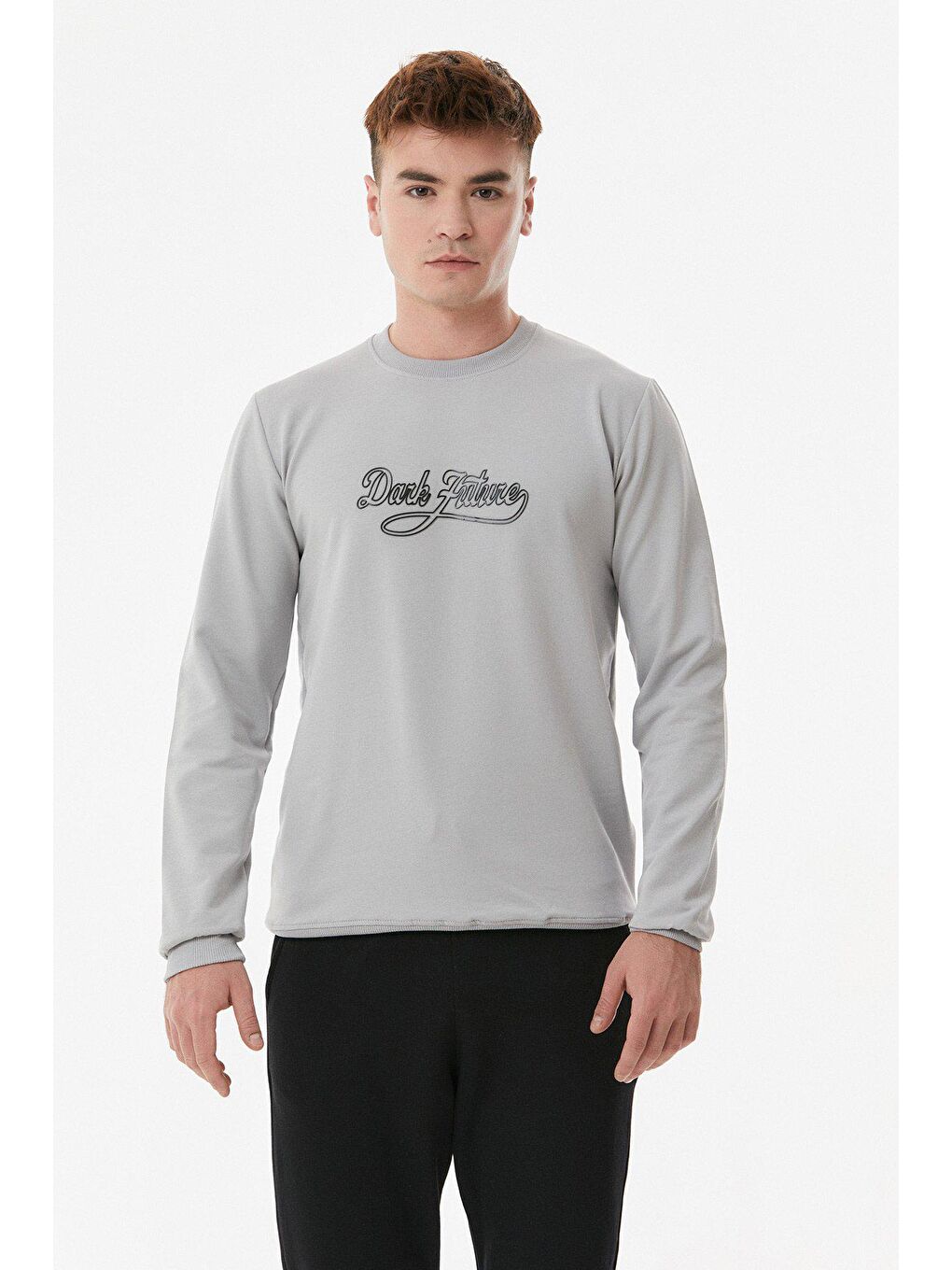 Gri Dark Future Yazılı Bisiklet Yaka Sweatshirt