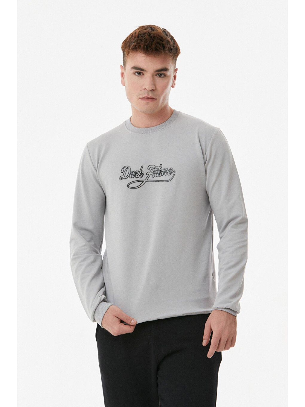 Gri Dark Future Yazılı Bisiklet Yaka Sweatshirt-1