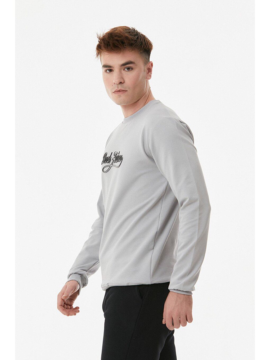 Gri Dark Future Yazılı Bisiklet Yaka Sweatshirt-3