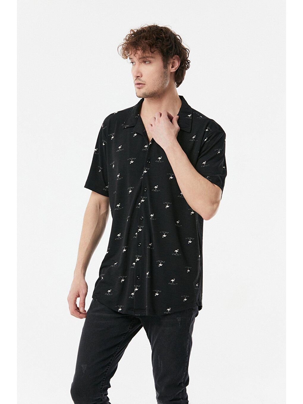 Siyah Flamingo Baskılı Salaş Gömlek-2