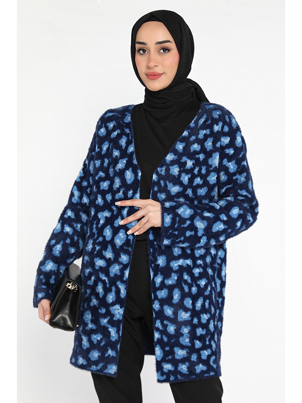 Lacivert Leopar Desenli Sakallı Tesettür Triko Hırka