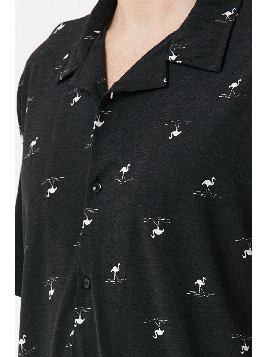 Siyah Flamingo Baskılı Salaş Gömlek-3