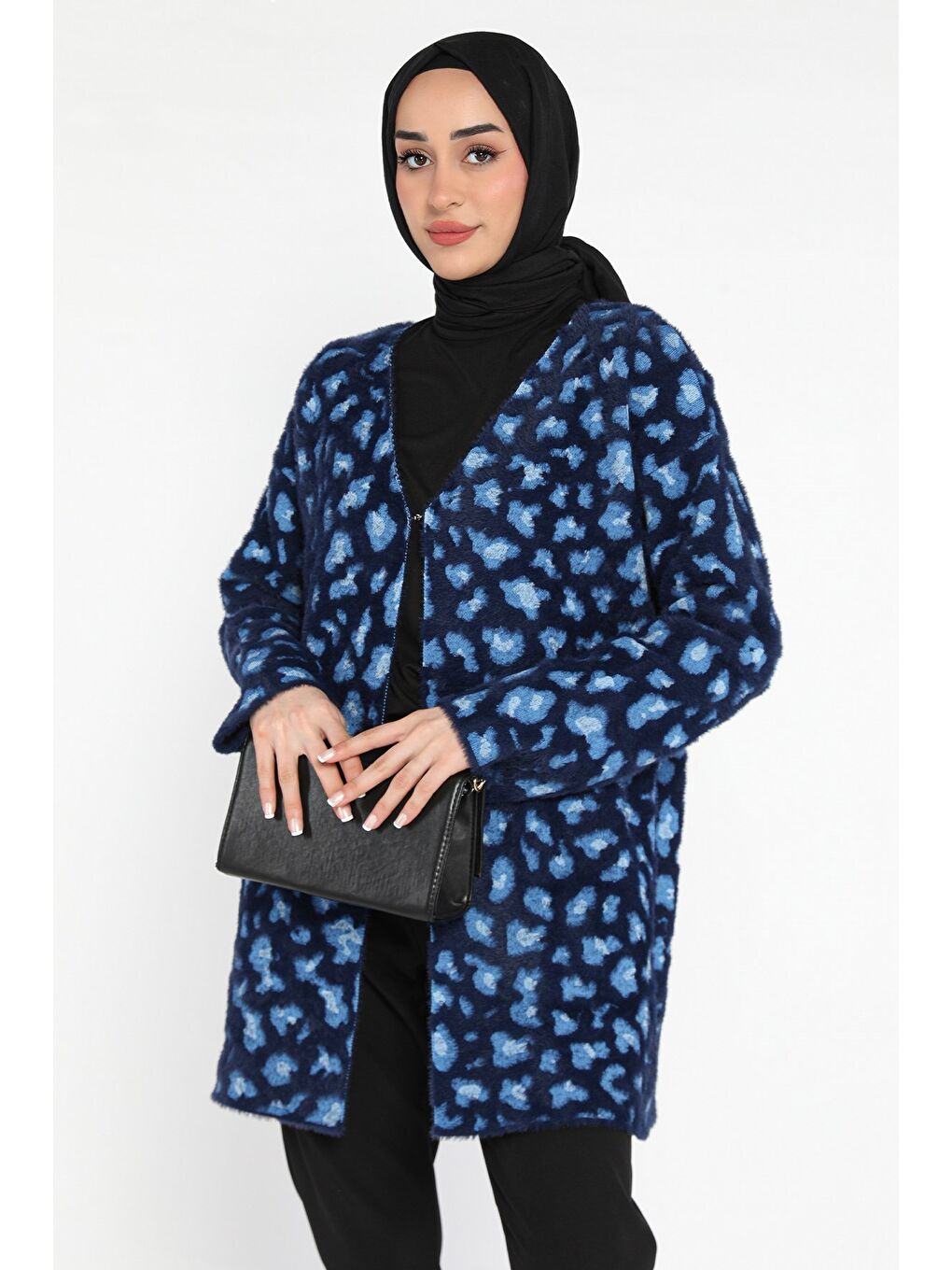 Lacivert Leopar Desenli Sakallı Tesettür Triko Hırka-2