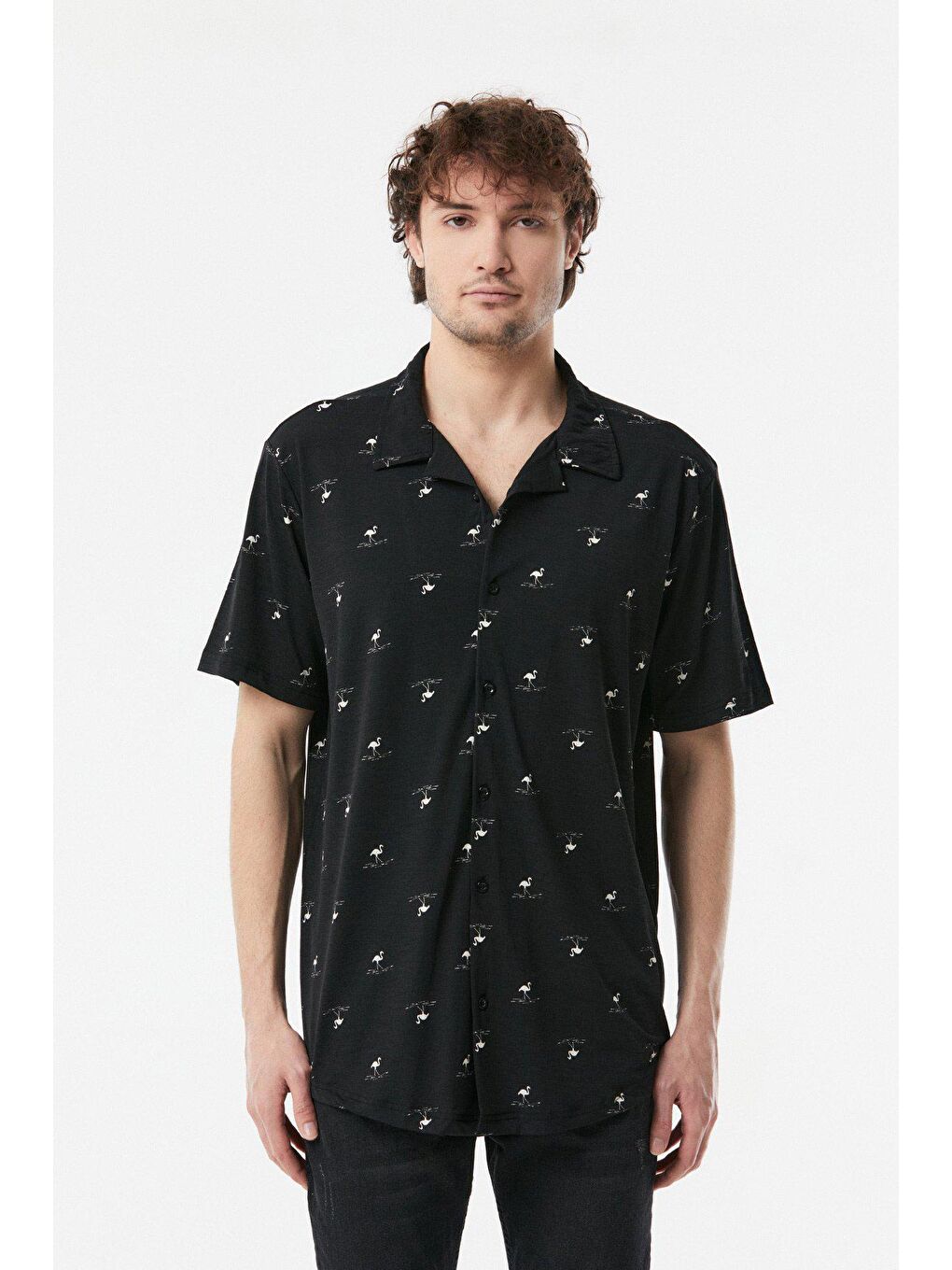 Siyah Flamingo Baskılı Salaş Gömlek-4