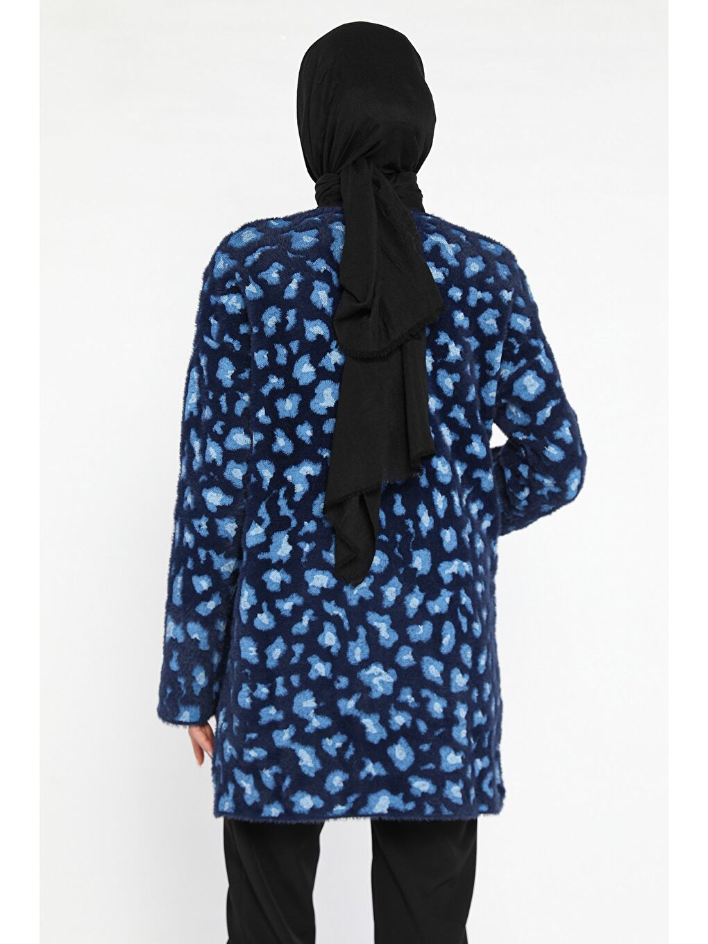 Lacivert Leopar Desenli Sakallı Tesettür Triko Hırka-5