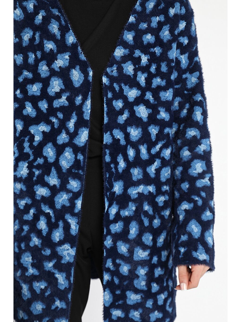 Lacivert Leopar Desenli Sakallı Tesettür Triko Hırka-6