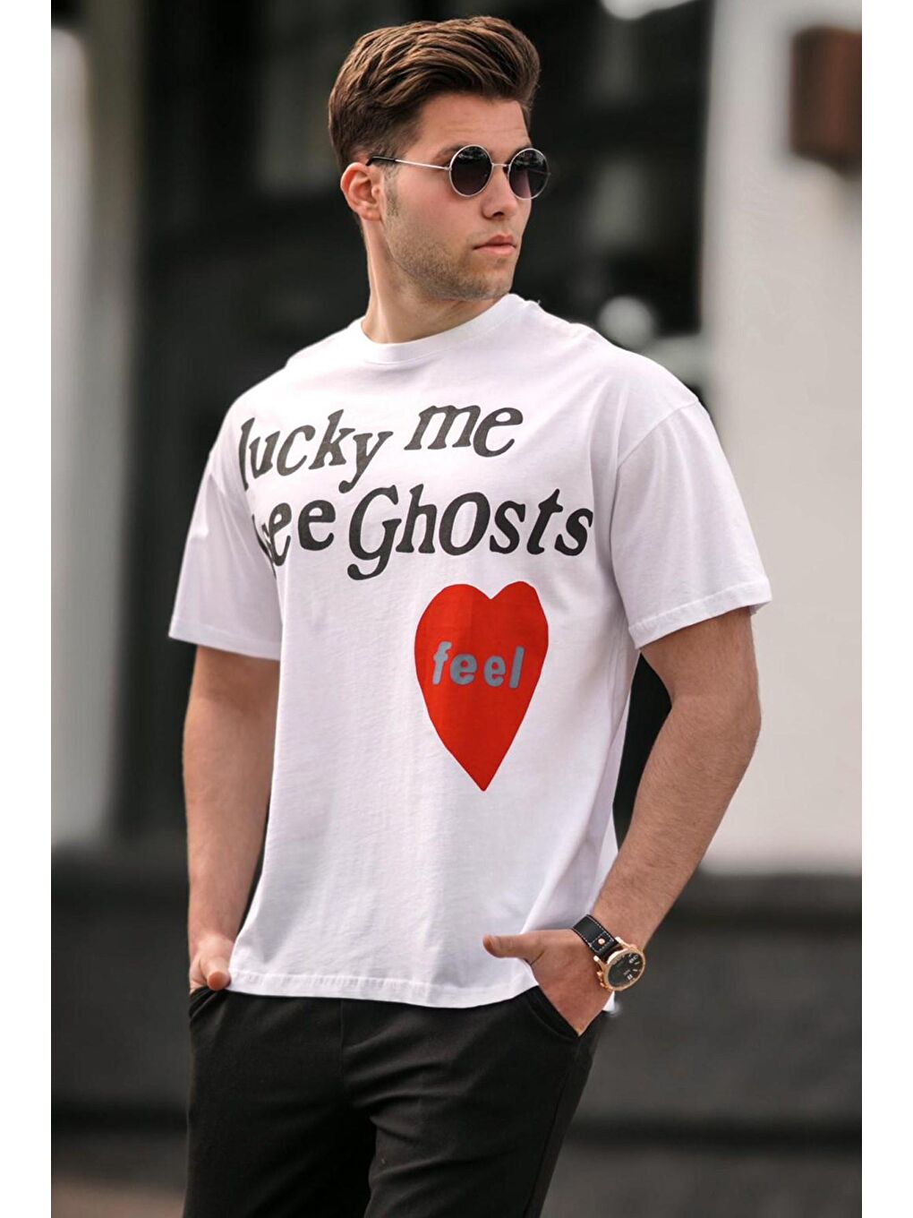 Beyaz Erkek Baskılı %100 Pamuk Tişört 5263