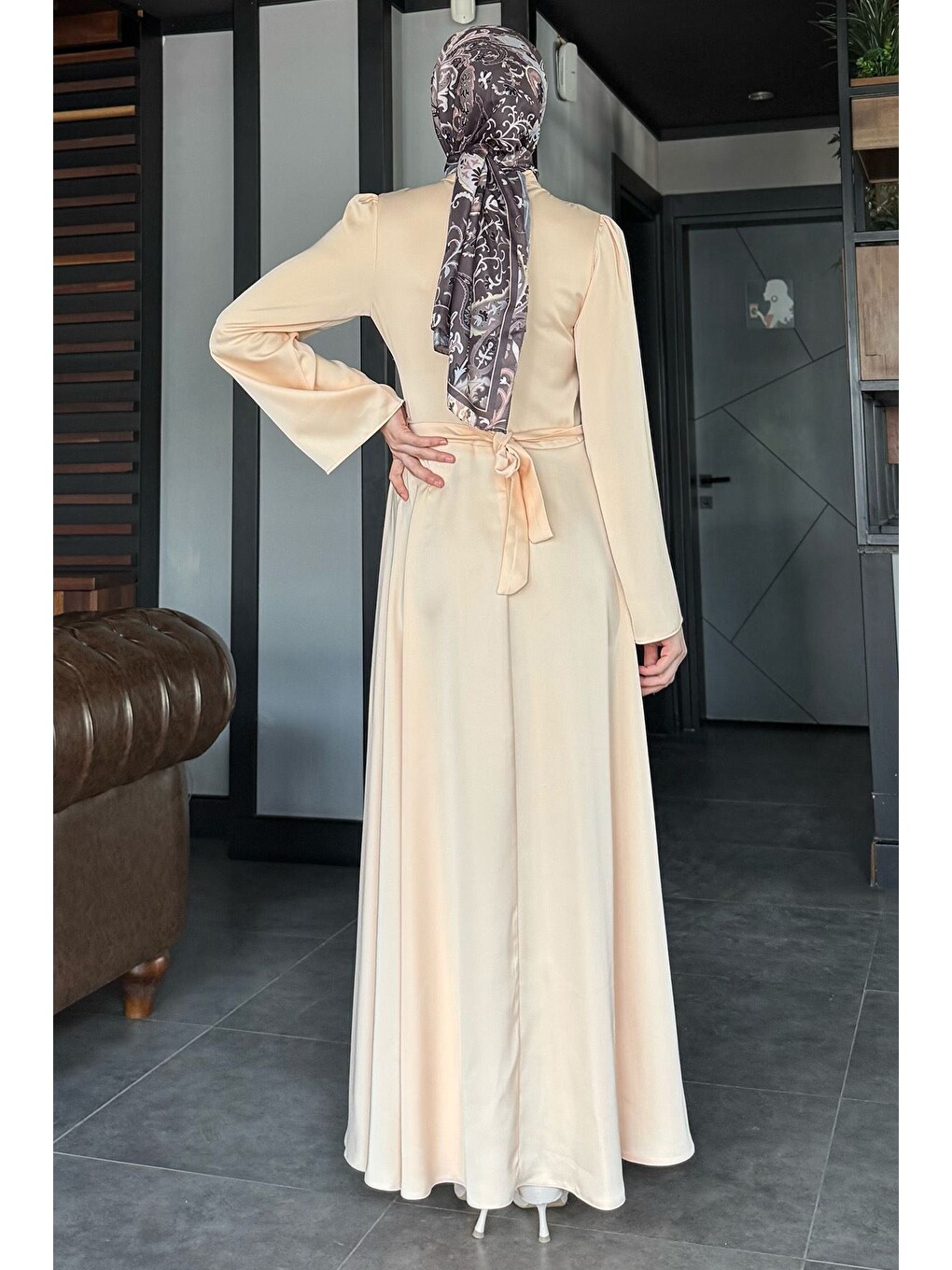 Pembe Çapraz Bağlamalı Tesettür Saten Abiye Elbise-7