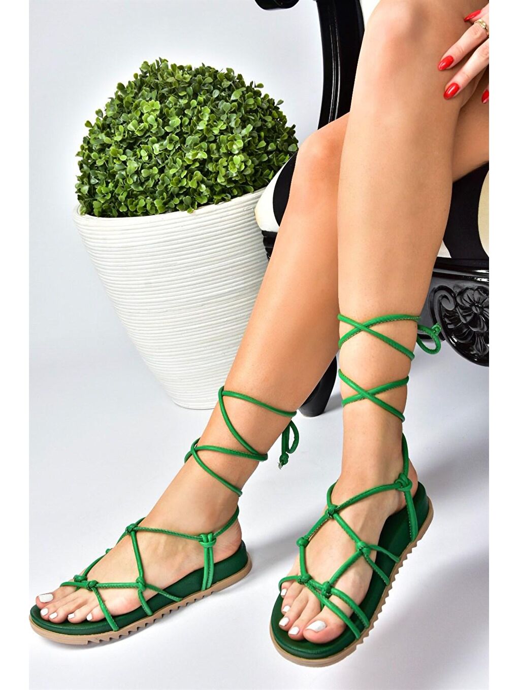 Yeşil Bağlama Detaylı Kadın Sandalet M705143909-2