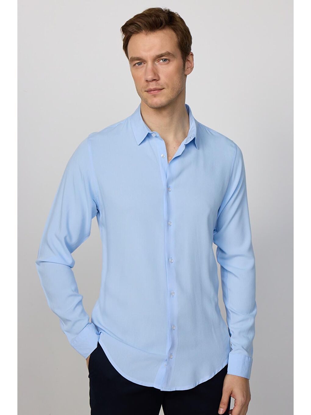 Slim Fit Uzun Kollu Dar Kesim Dökümlü Viskon Şık Mavi Erkek Gömlek