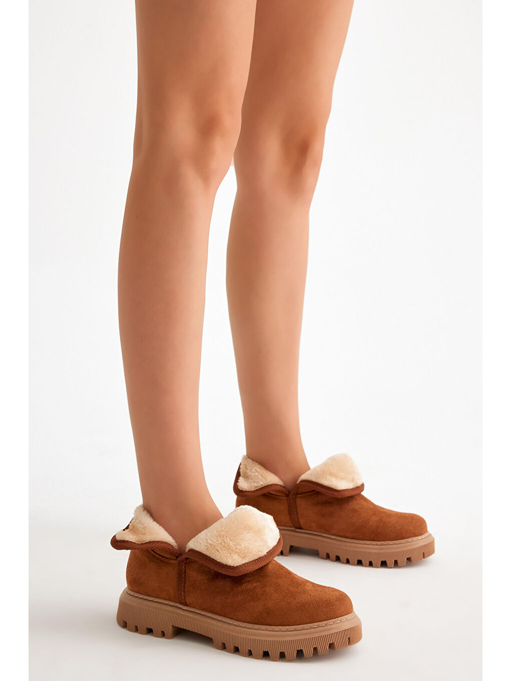 Kahverengi Kadın Taba Süet Rahat Kalıp Kalın Taban İçi Kürklü Bot-4