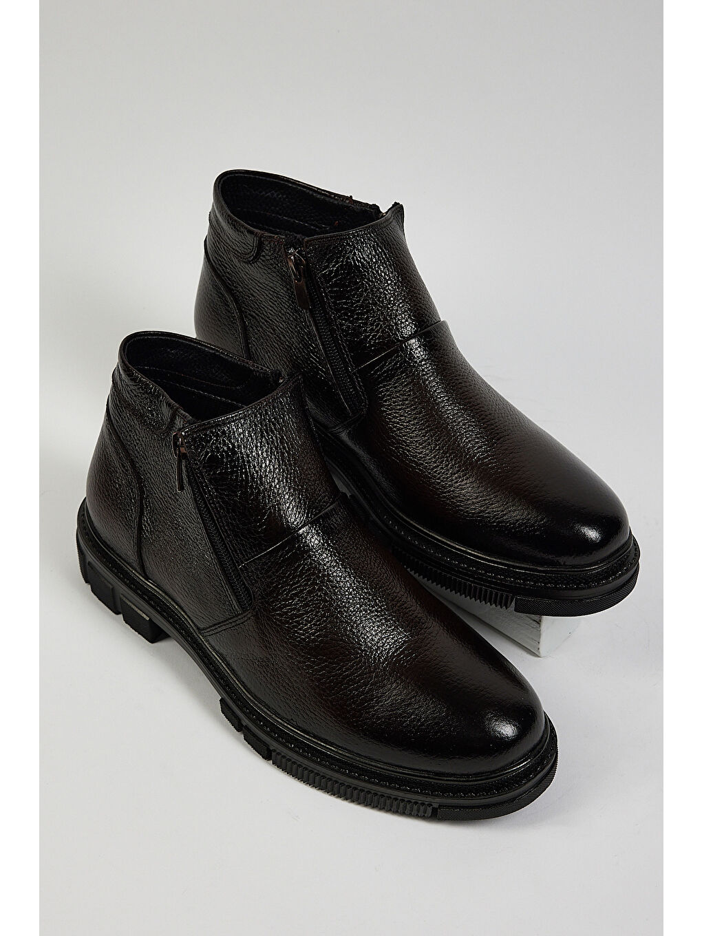 Erkek Siyah Rahat Kalıp Hakiki Deri Çift Fermuarlı Bot-2