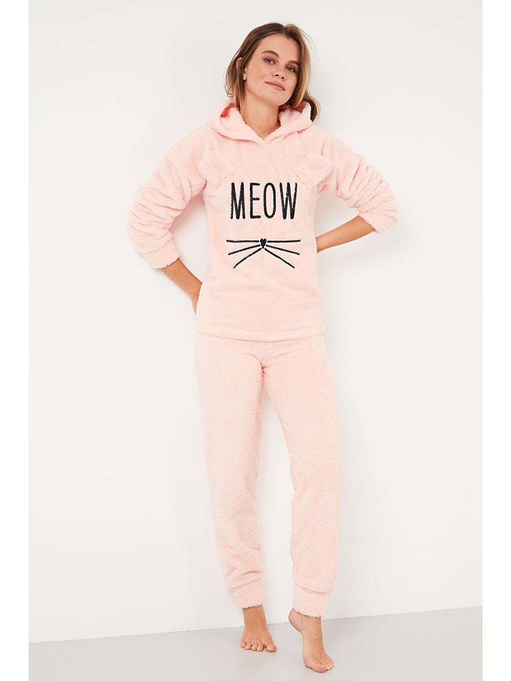 Turuncu Kapüşonlu Elastik Bantlı Peluş Pijama Takımı 6094130-1