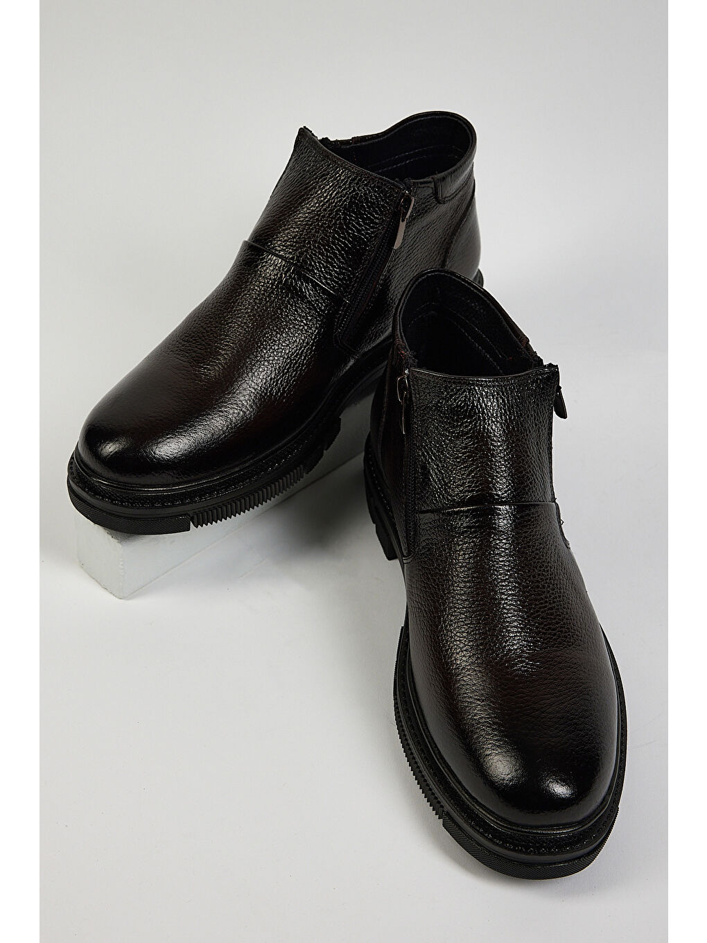 Erkek Siyah Rahat Kalıp Hakiki Deri Çift Fermuarlı Bot-3