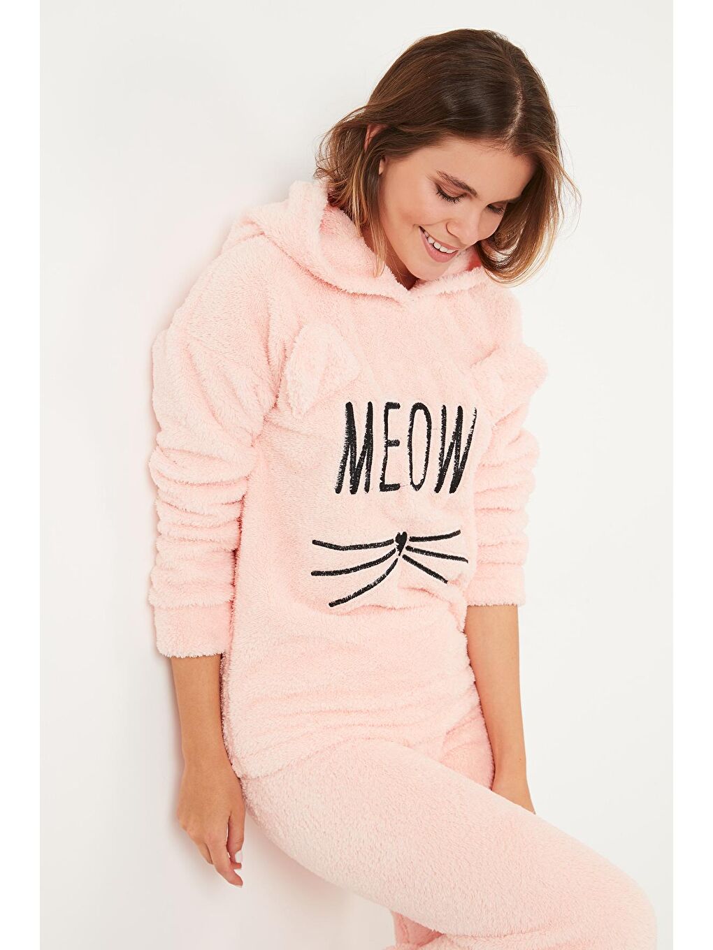 Turuncu Kapüşonlu Elastik Bantlı Peluş Pijama Takımı 6094130-2