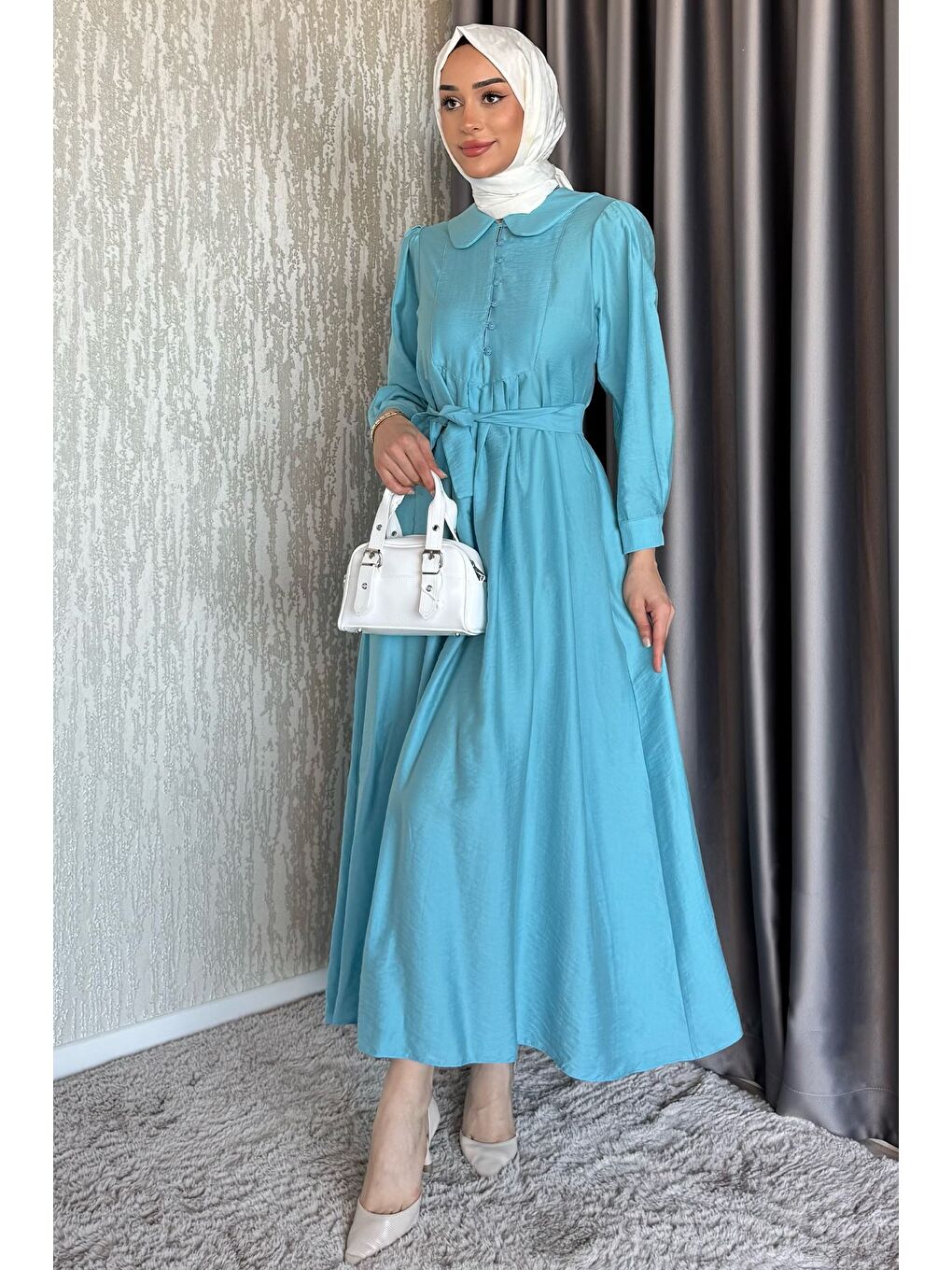İndigo Bebe Yaka Ön Düğme Detaylı Pileli Kuşaklı Tesettür Elbise-1