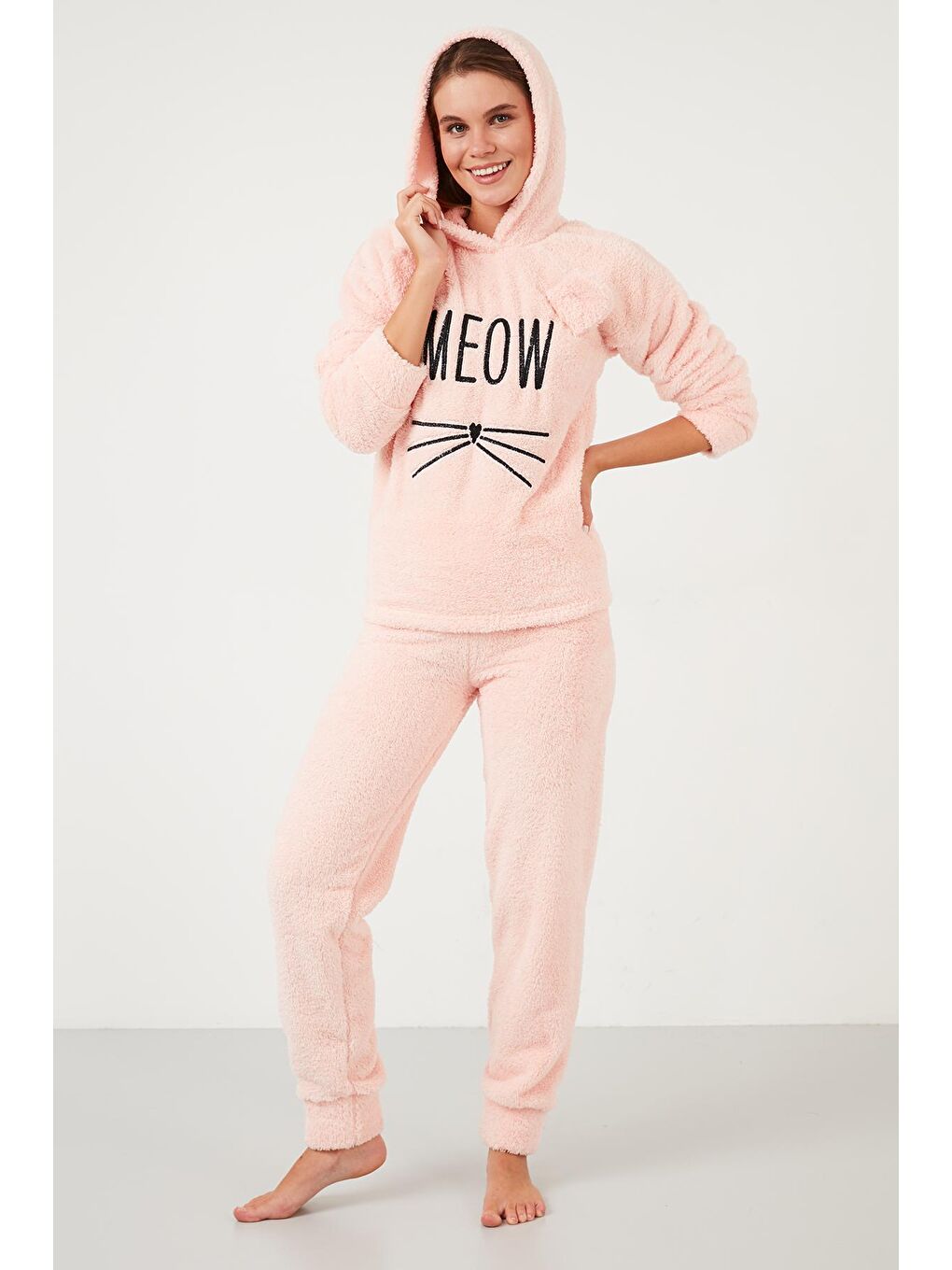 Turuncu Kapüşonlu Elastik Bantlı Peluş Pijama Takımı 6094130-3