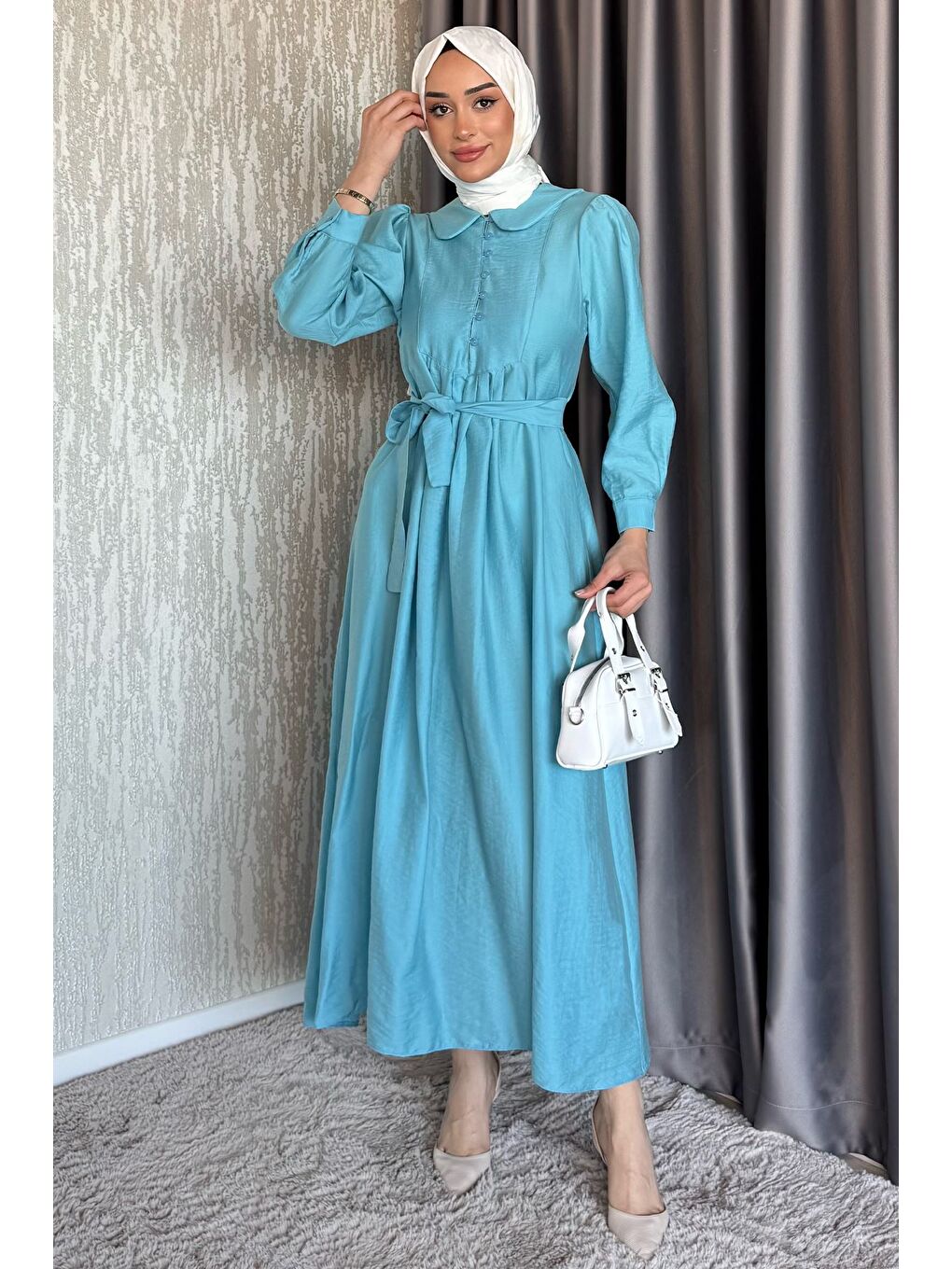İndigo Bebe Yaka Ön Düğme Detaylı Pileli Kuşaklı Tesettür Elbise-3