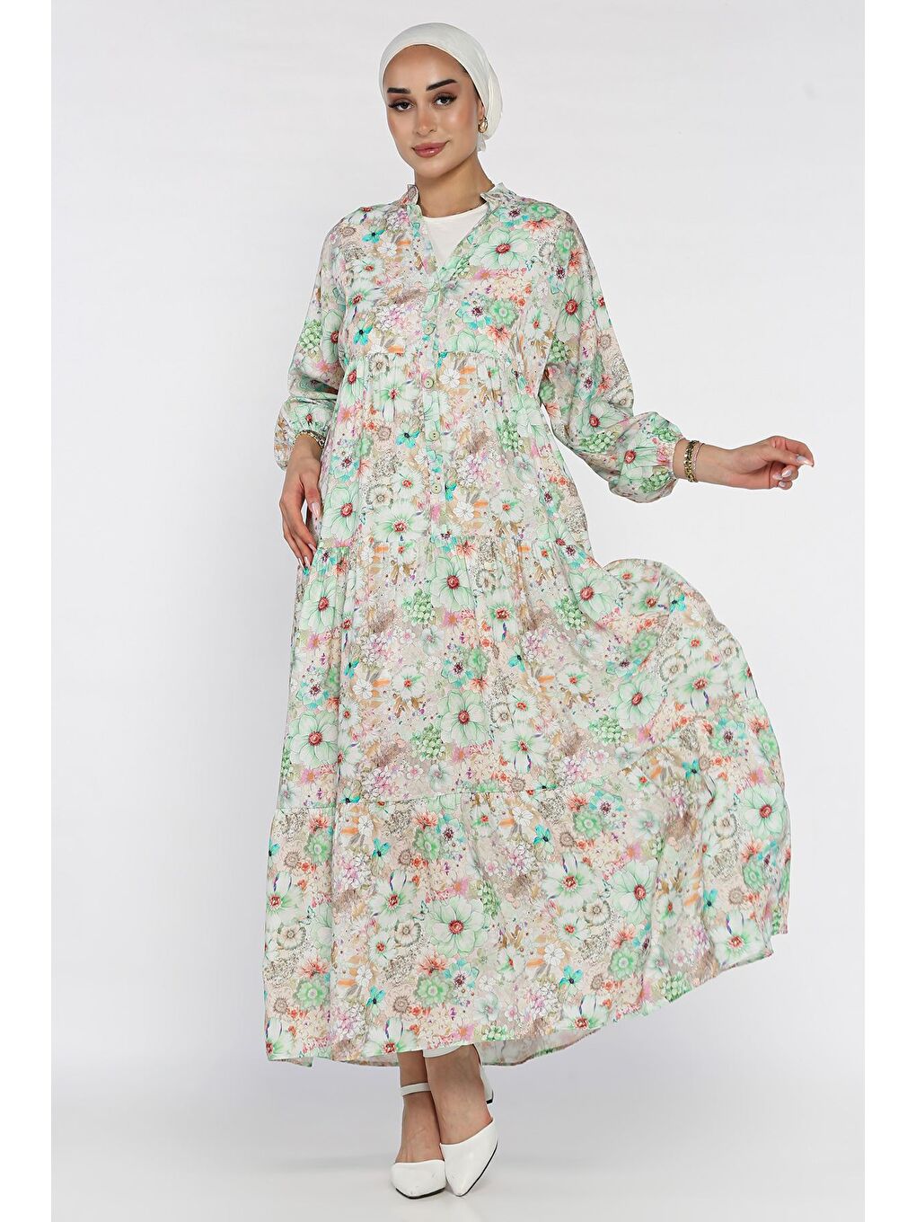 Yeşil Bilek Lastikli Ön Düğme Detaylı Desenli Yazlık Tesettür Elbise-3
