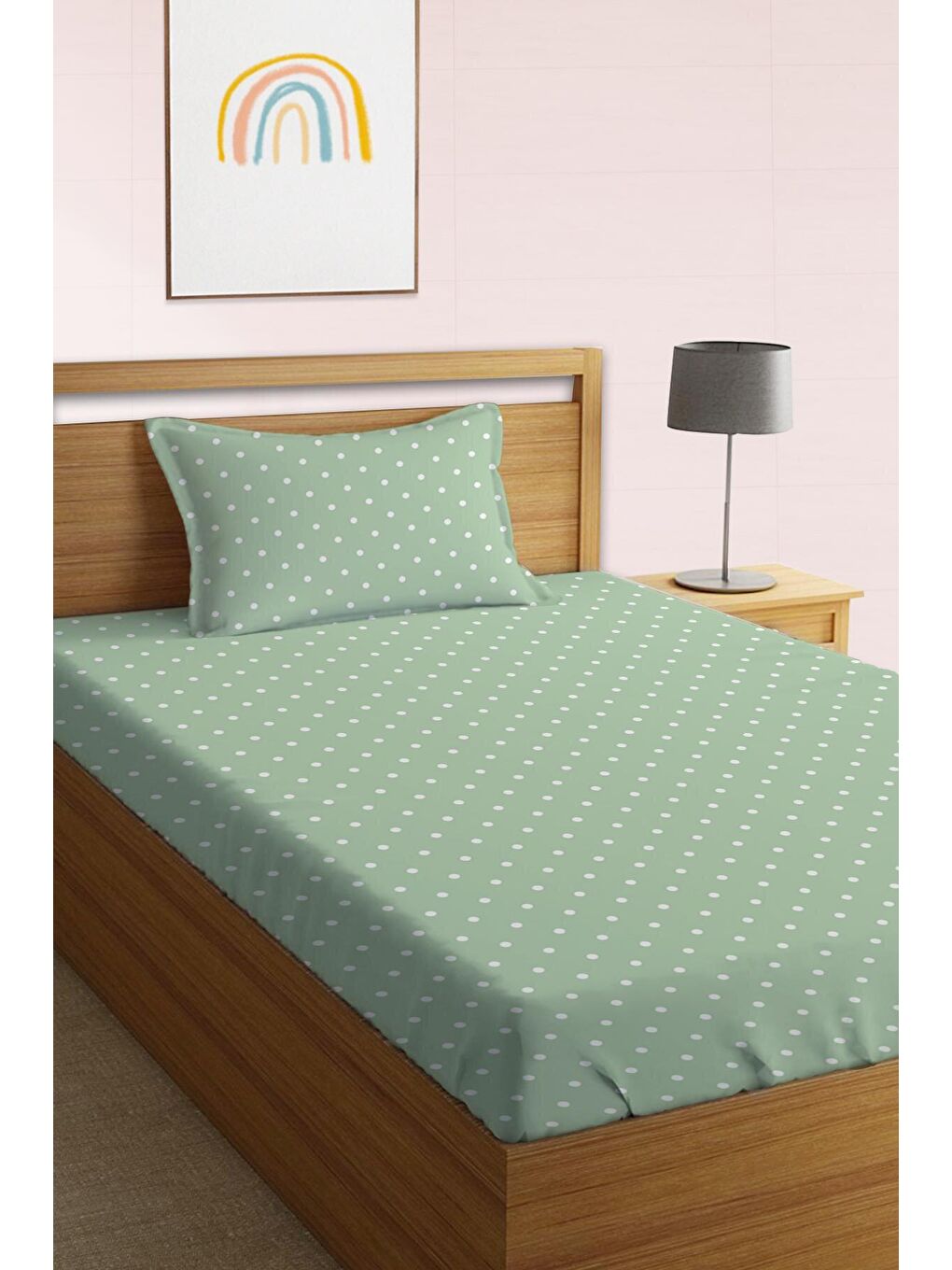 Beyaz Nokta Desen Baskılı Tek Kişilik Lastikli Çarşaf Seti Yeşil