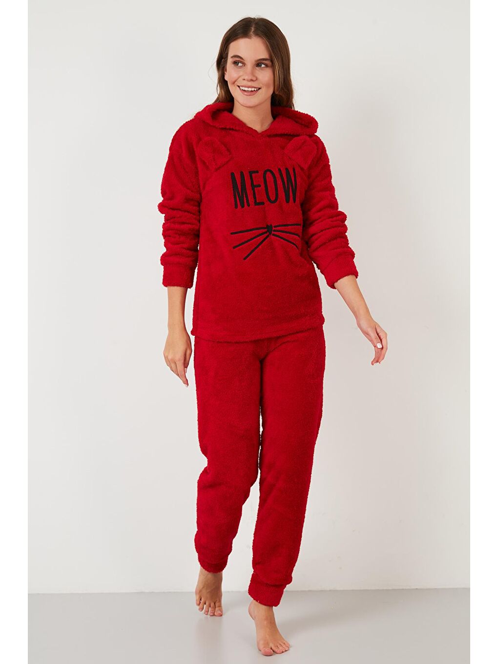 Kırmızı Kapüşonlu Elastik Bantlı Peluş Pijama Takımı 6094130-1