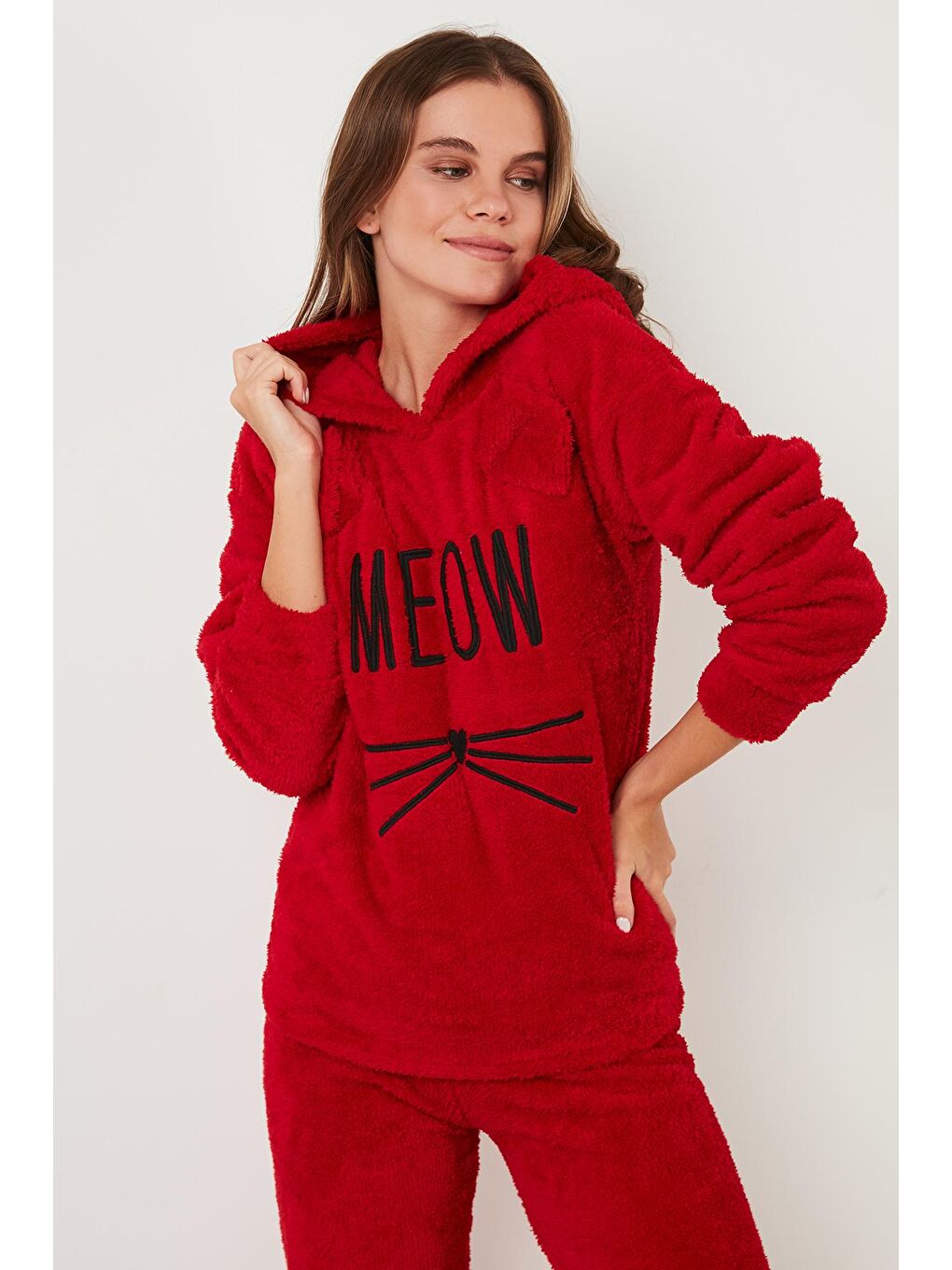 Kırmızı Kapüşonlu Elastik Bantlı Peluş Pijama Takımı 6094130-2
