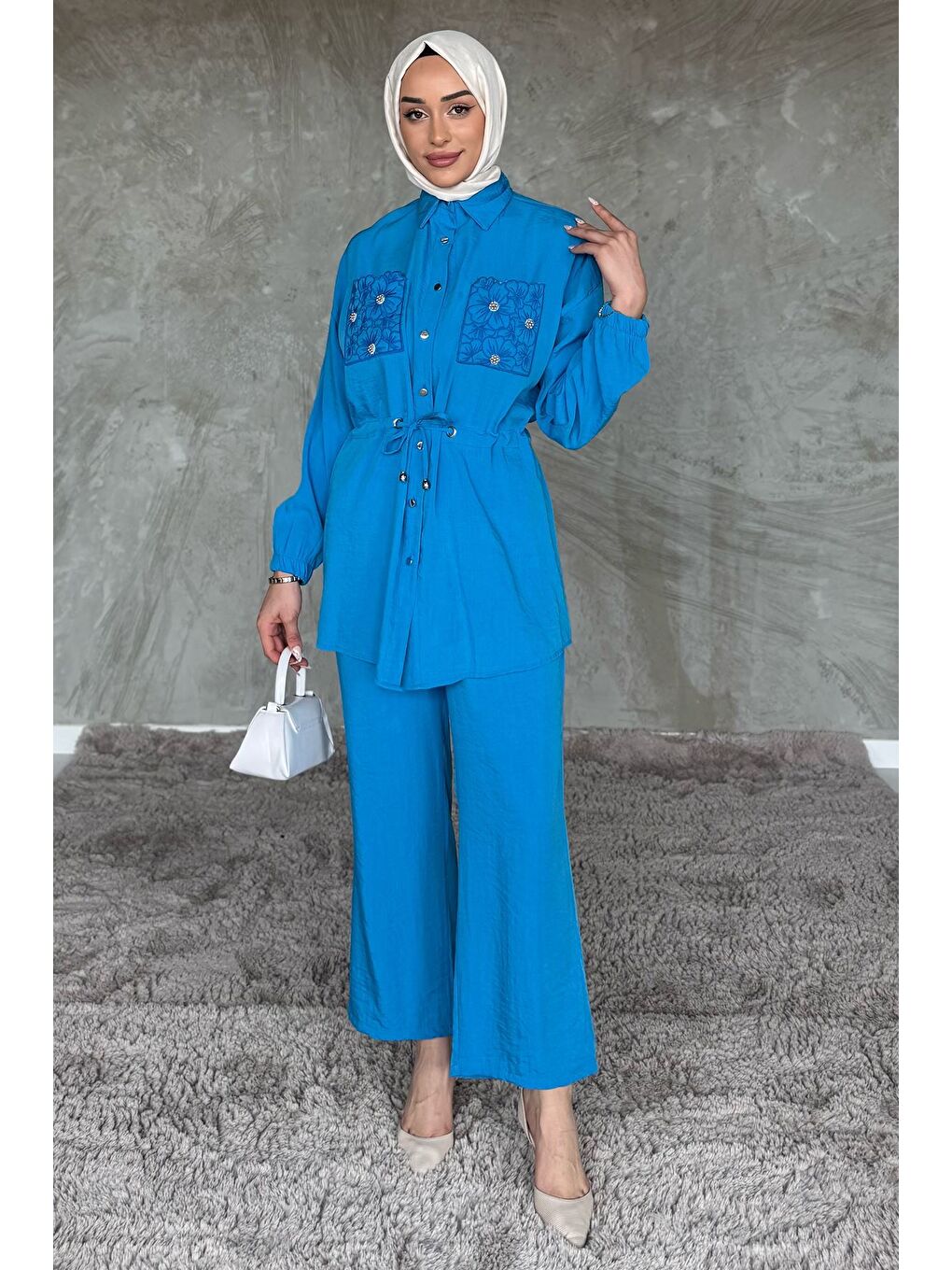 Mavi Cep Nakışlı Bel Bağcıklı Tesettür Tunik Pantolon İkili Takım-3