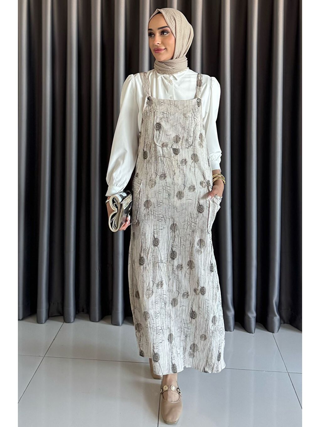 Bej Tesettür Gömlek Salopet İkili Takım-3